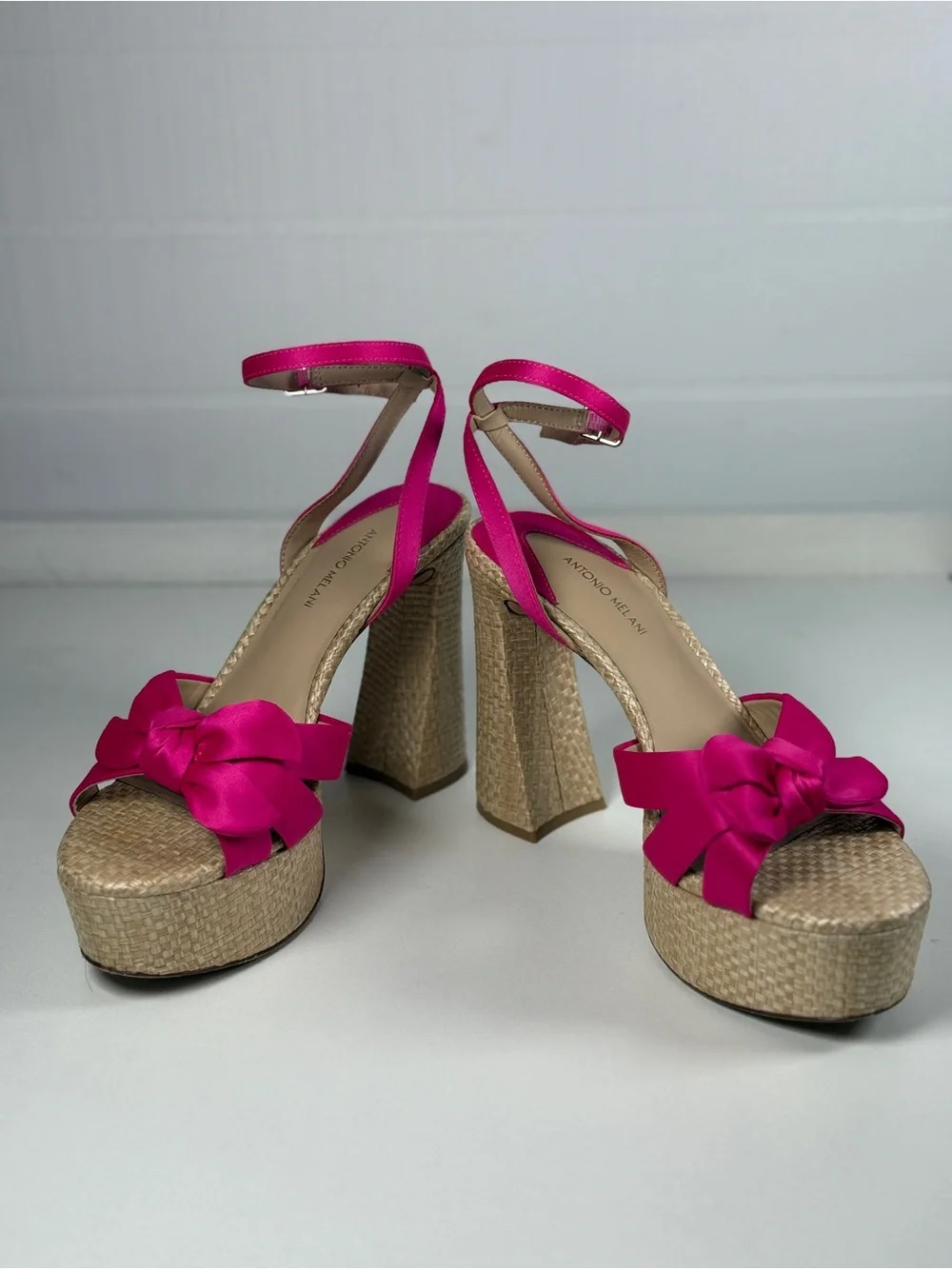 ANTONIO MELANI Pink Satin Bow Platform Wedge Sandals